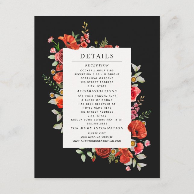 Wildflower Botanical Poppy Dark Wedding Details Enclosure Card (Front)