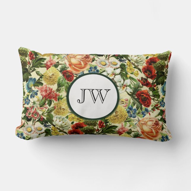 Wildflower botanical summer garden monogram lumbar pillow (Front)