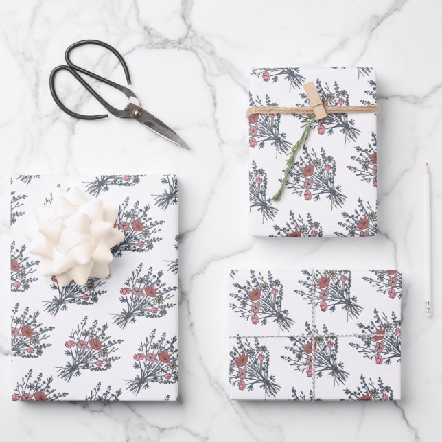 Wildflower Bouquet Floral Whimsical Handdrawn Cute Wrapping Paper Sheets (Front)