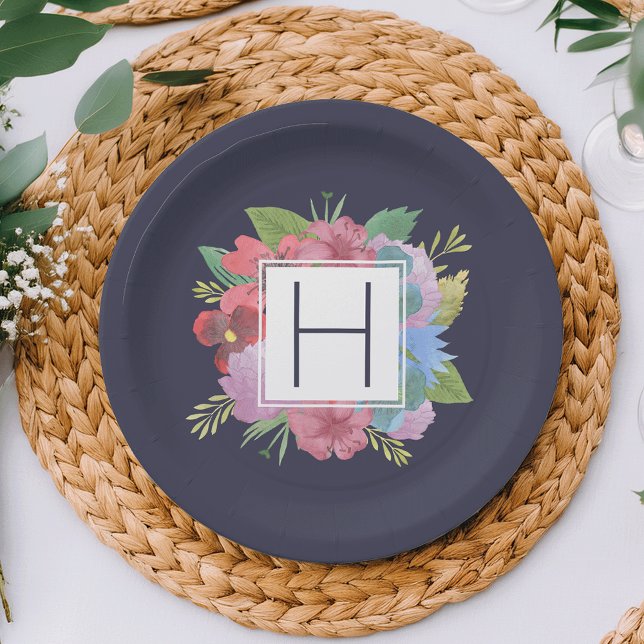 Wildflower Bouquet Navy Monogram Paper Plates (Creator Uploaded)
