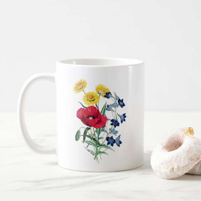 Wildflower Bouquet, Poppies Botanical Illustration Coffee Mug (With Donut)