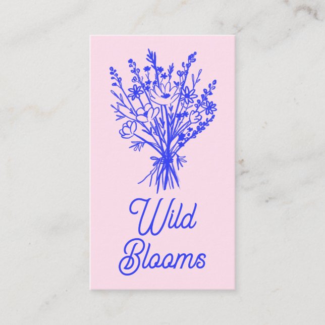 Wildflower Bouquet Rustic Minimal Floral Blue Pink Business Card (Front)