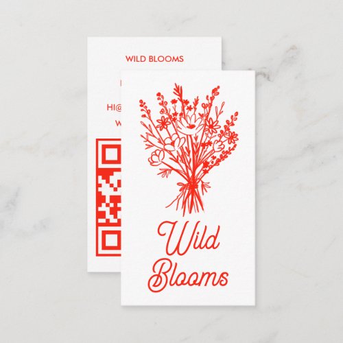Wildflower Bouquet Rustic Minimal Floral Red QR  Business Card