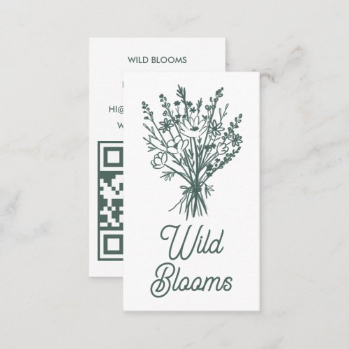 Wildflower Bouquet Rustic Minimal Floral Sage QR  Business Card