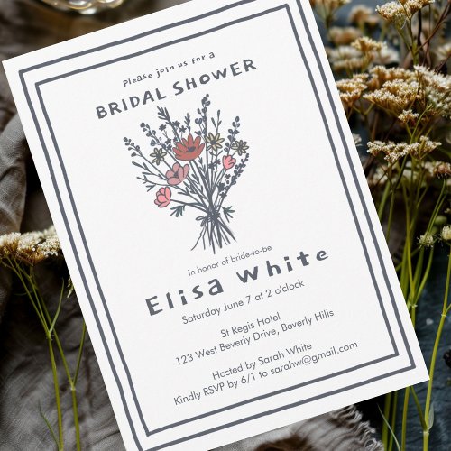 Wildflower Bouquet Rustic Whimsical Bridal Shower  Invitation