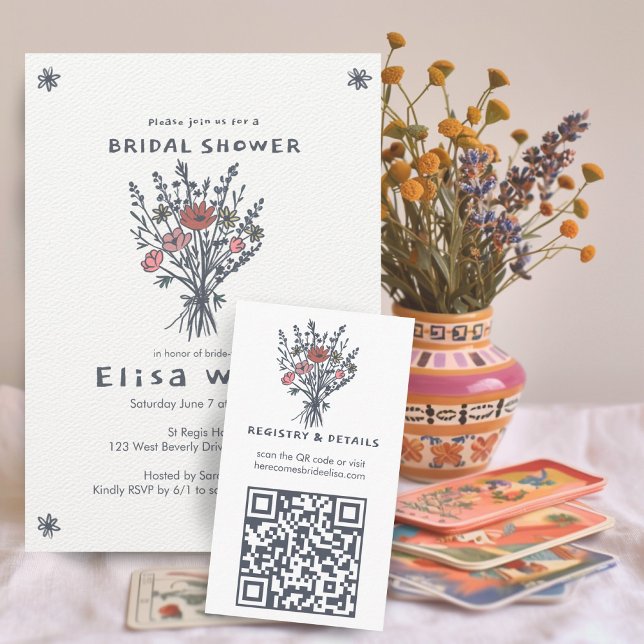 Wildflower Bouquet Rustic Whimsical QR Code Bridal Enclosure Card (Wildflower Bouquet Rustic Whimsical QR Code Bridal Enclosure Card Charming Sketch Cute)