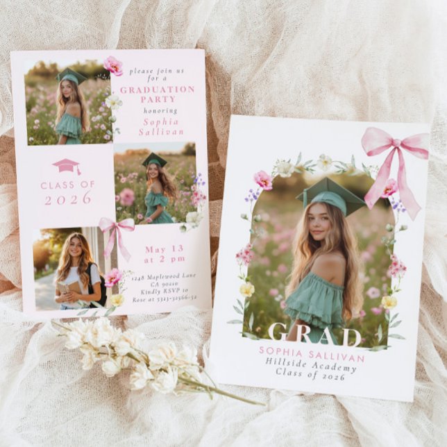 Wildflower Bow Graduation party Photo Collage Invitation (Creator Uploaded)