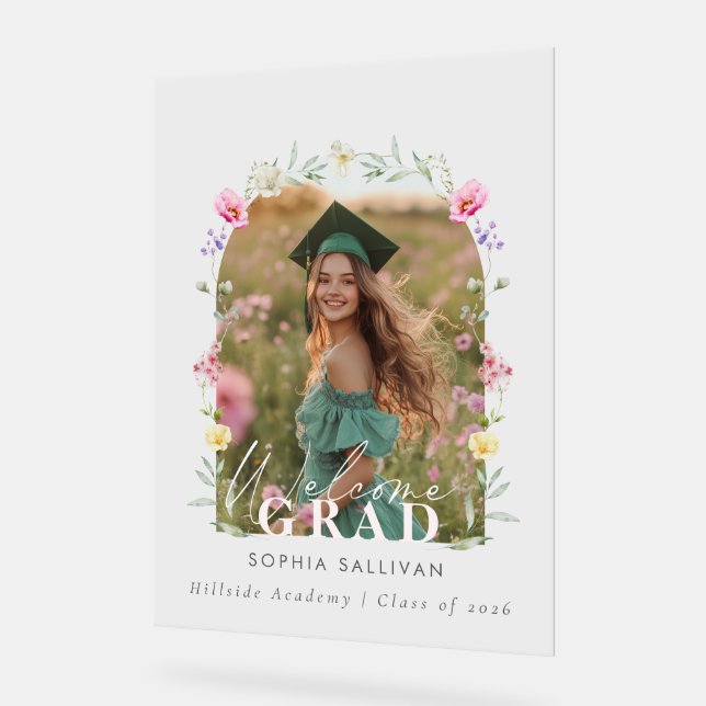 Wildflower Bow Graduation party Photo Welcome Acrylic Sign (Angle)