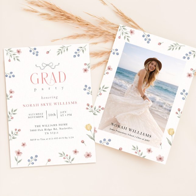 Wildflower Bow Photo Grad Party Graduation Invitation (Creator Uploaded)