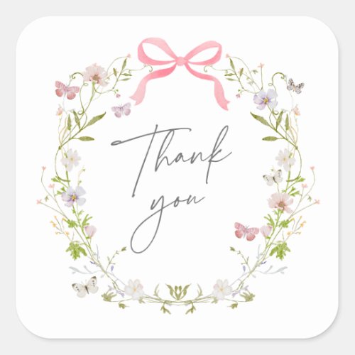 Wildflower Bow Wreath Thank You Square Sticker