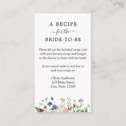 Wildflower Bridal Recipe Request  Enclosure Card