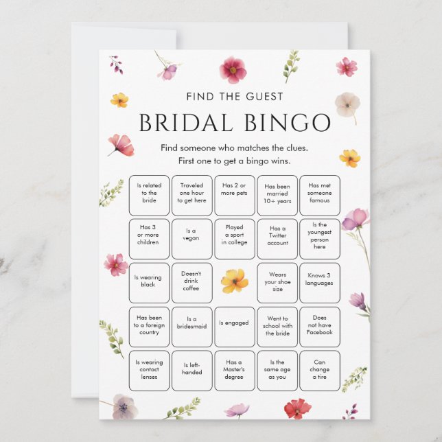 Wildflower Bridal Shower Bingo Game Card (Front)
