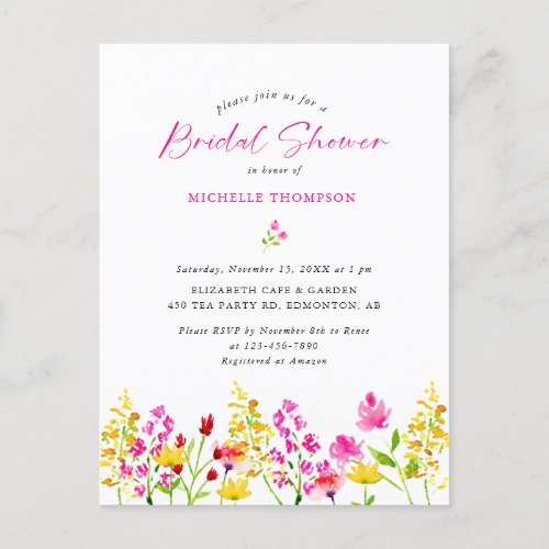 Wildflower Bridal Shower Boho Elegant Floral Invit Postcard