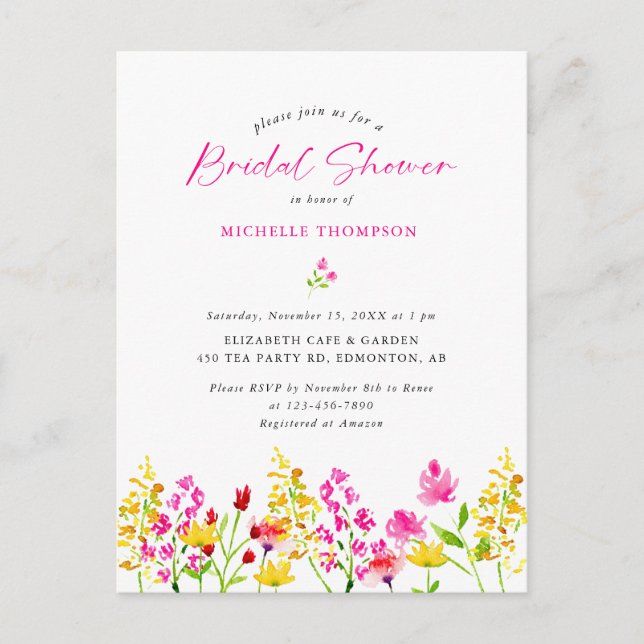 Wildflower Bridal Shower Boho Elegant Floral Invit Postcard (Front)