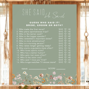 Wildflower Bridal Shower He Said She Said Game Poster
