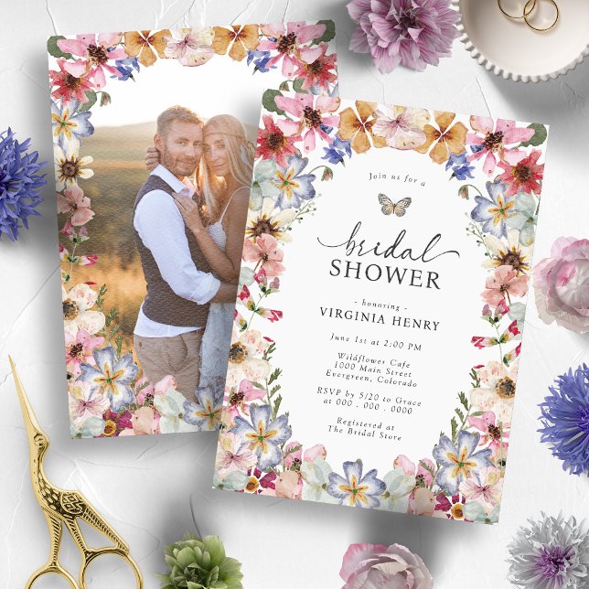 Wildflower Bridal Shower Invitation (Colorful Boho Wildflower Bridal Shower Invitation with Engagement Photo by Painted Papery
)