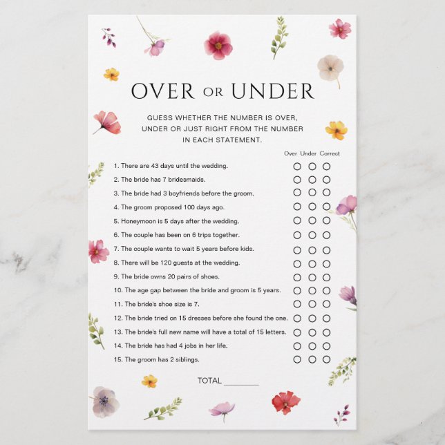 Wildflower Bridal Shower Over or Under Game (Front)