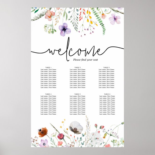 Wildflower Bridal Shower Table Seating Chart (Front)