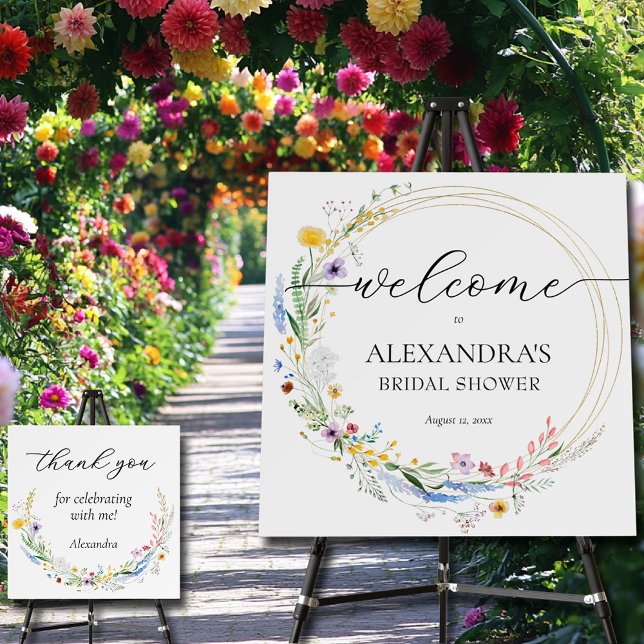Wildflower Bridal Shower Welcome Foam Board (Wreath of wildflowers bridal shower welcome foam board sign with Thank You on the back)