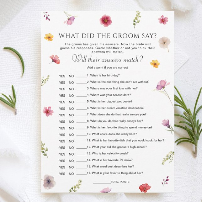 Wildflower Bridal Shower What Did He Say Game Card (Creator Uploaded)