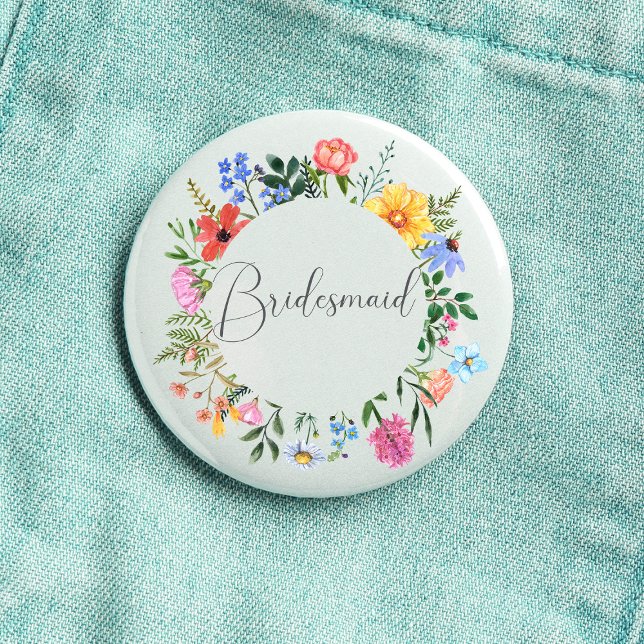 Wildflower Bridesmaid Script Wedding  Button (Bridesmaid  Wildflower Watercolor Floral Wreath Wedding Button
)