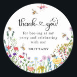 Wildflower & BumbleBee Kids Birthday  Classic Round Sticker<br><div class="desc">Adorable Birthday Party Stickers - design features a variety of colorful watercolor wildflowers and cute little bumble bees. The template includes the cute saying 'Thank you for bee-ing at my party' with a combination of calligraphy script and serif fonts.</div>