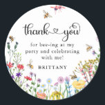 Wildflower & BumbleBee Kids Birthday  Classic Round Sticker<br><div class="desc">Adorable Birthday Party Stickers - design features a variety of colorful watercolor wildflowers and cute little bumble bees. The template includes the cute saying 'Thank you for bee-ing at my party' with a combination of calligraphy script and serif fonts.</div>