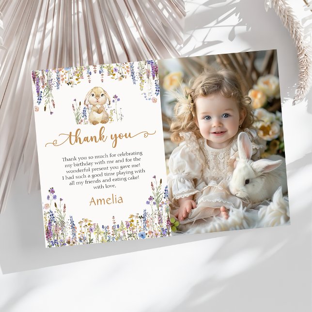 Wildflower Bunny Girl Birthday Photo Thank You Card (Creator Uploaded)