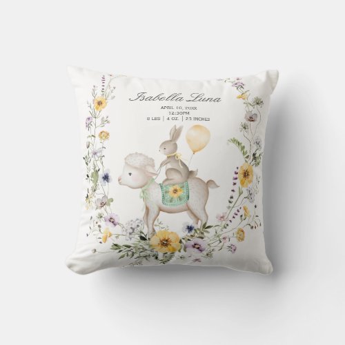 Wildflower Bunny  Lamb Wreath Newborn Easter Gift Throw Pillow