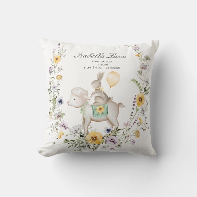 Wildflower Bunny & Lamb Wreath Newborn Easter Gift Throw Pillow (Front)