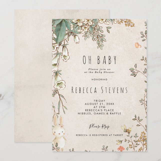 wildflower bunny neutral baby shower invitation (Front/Back)