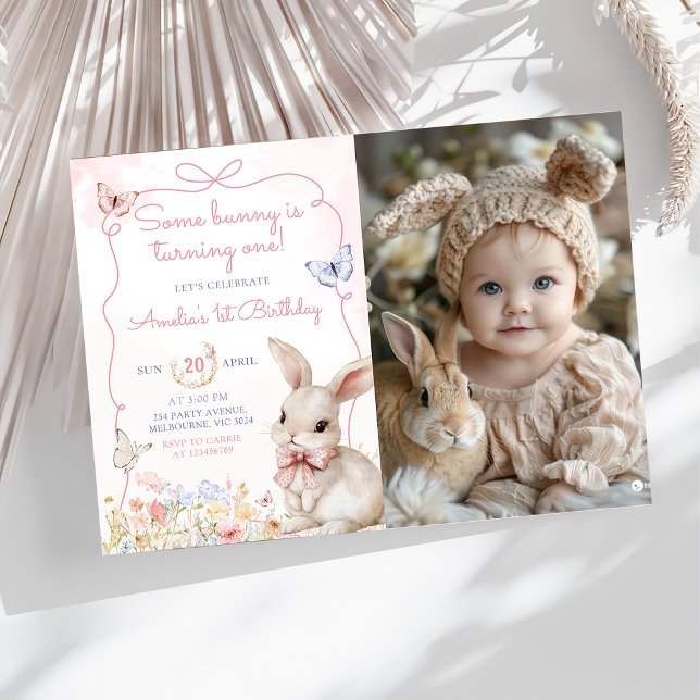 Wildflower Bunny Pink Girl Birthday Photo Invitation (Creator Uploaded)