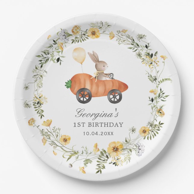Wildflower Bunny Rabbit Carrot Car Birthday Party Paper Plates (Front)