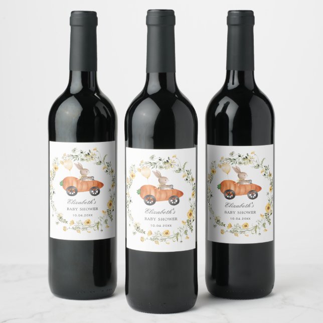 Wildflower Bunny Riding Carrot Car Party Favors Wine Label (Bottles)