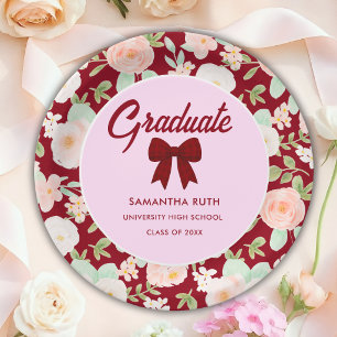 Wildflower Burgundy Gingham Bow Graduation Party Paper Plates