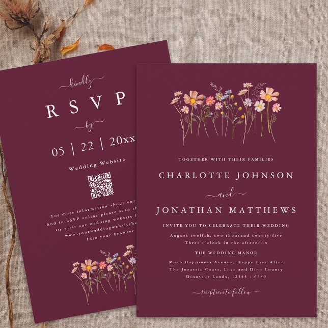 Wildflower Burgundy & Terracotta QR Code Wedding Invitation (Simple Wildflower meadow burgundy terracotta qr code wedding invitation watercolor flowers elegant)