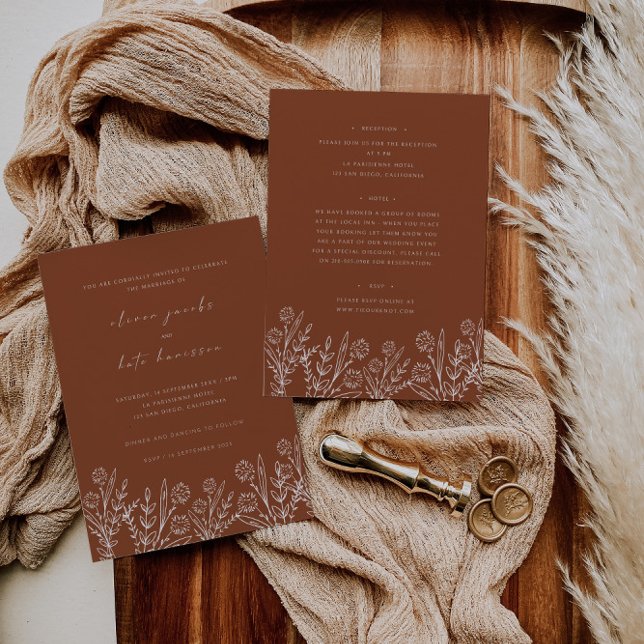 Wildflower Burnt Orange Front & Back Wedding Invitation (Creator Uploaded)