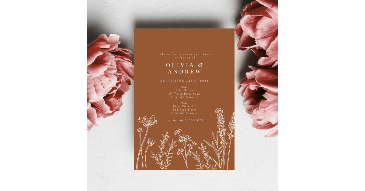 Wildflower Burnt Orange Rehearsal Dinner Invitation | Zazzle