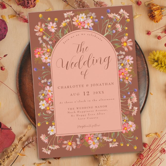 Wildflower Burnt Orange Terracotta Fall Wedding Invitation (Wildflower arch terracotta burnt orange peach fall wedding invitation with elegant script )