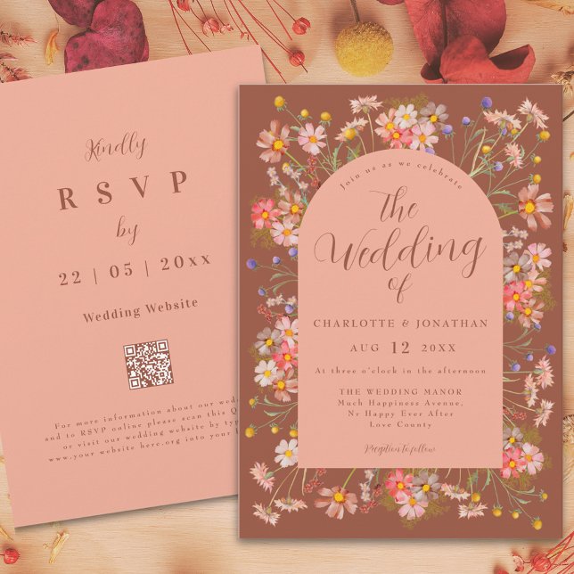 Wildflower Burnt Orange Terracotta Fall Wedding Invitation (Wildflower arch terracotta burnt orange peach boho fall wedding invitation with elegant script )