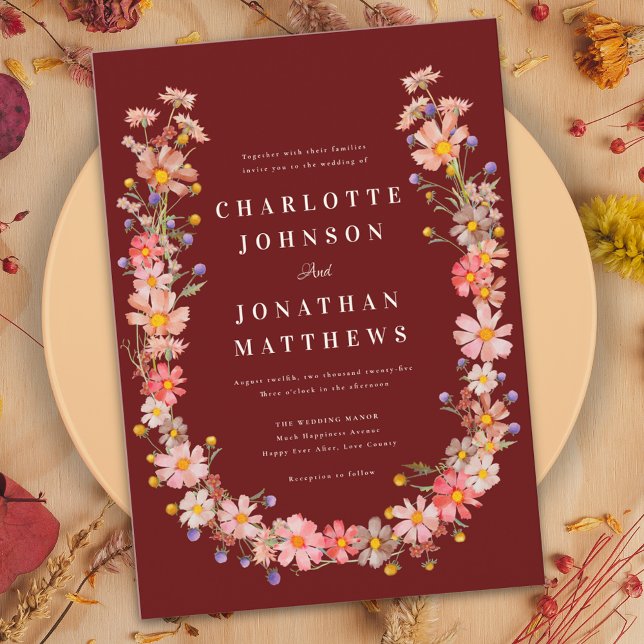 Wildflower Burnt Orange Terracotta Fall Wedding Invitation (Elegant terracotta wildflower wreath fall wedding invitation )