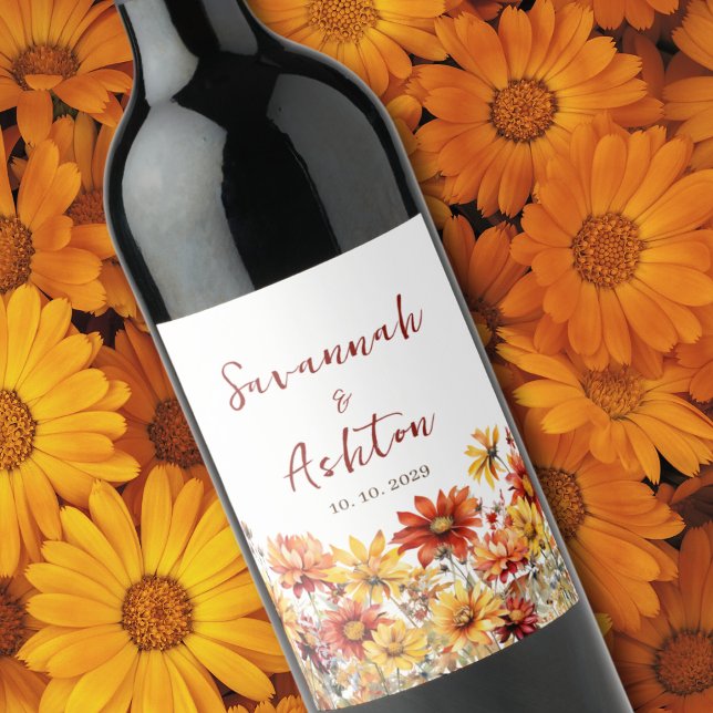 Wildflower Burnt Orange Wedding Wine Label (Creator Uploaded)