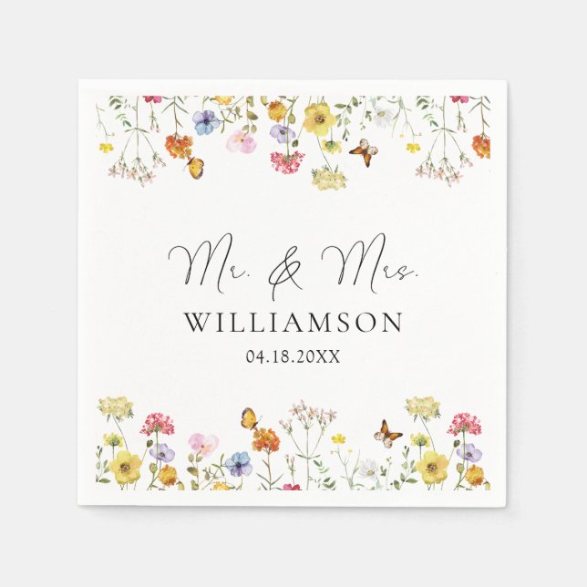 Wildflower Butterflies Boho Mr. & Mrs. Wedding Napkins (Front)