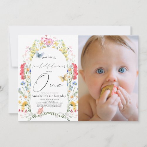 Wildflower Butterfly Arch Girl 1st Birthday Photo Invitation