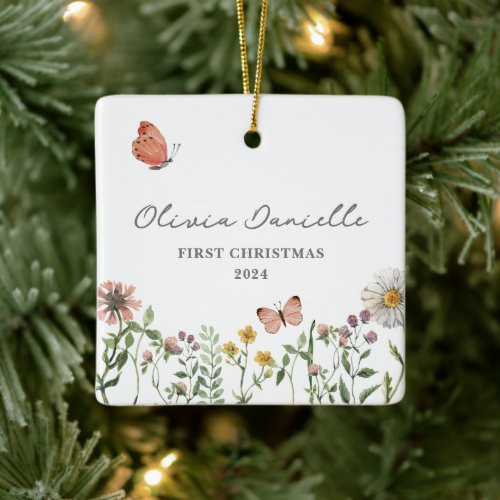 Wildflower Butterfly Baby Girl 1st Christmas  Ceramic Ornament