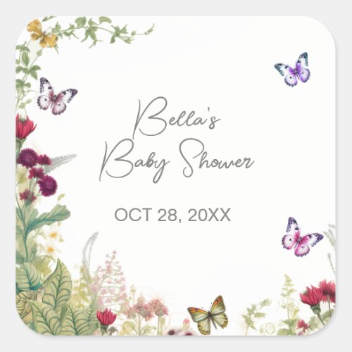 Wildflower Butterfly Baby Shower Square Sticker