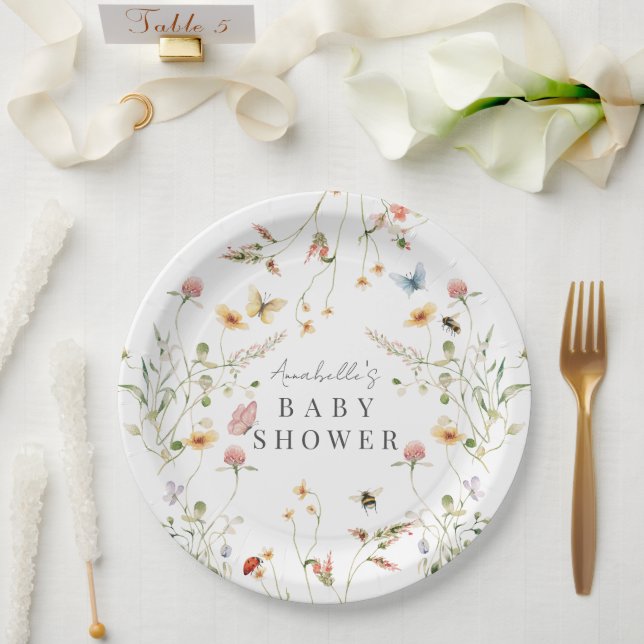 Wildflower Butterfly Bee Watercolor Baby Shower Paper Plates (Wedding)