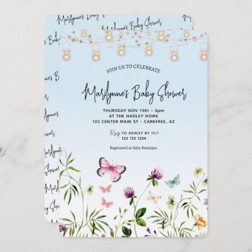 Wildflower Butterfly Blue Script Baby Shower Invitation