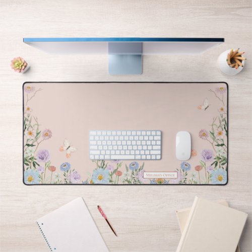 Wildflower Butterfly Blush Pink Floral Watercolor Desk Mat