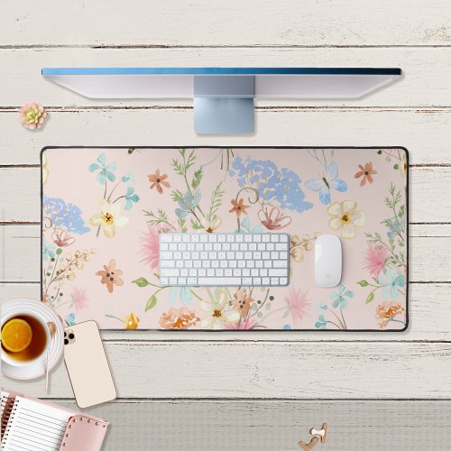 Wildflower Butterfly Blush Pink Floral Watercolor Desk Mat